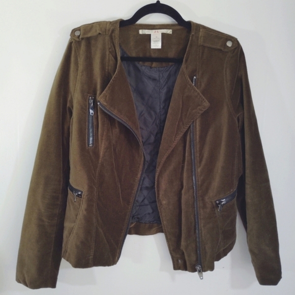 Chelsea & Violet Bomber Jacket Cotton Velvet Olive Green Brown Zipper Pockets - Picture 1 of 15